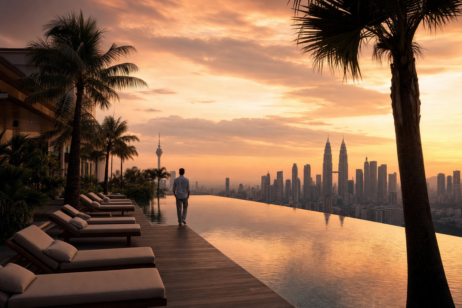 A rooftop infinity pool overlooking the Kuala Lumpur skyline at sunset.
