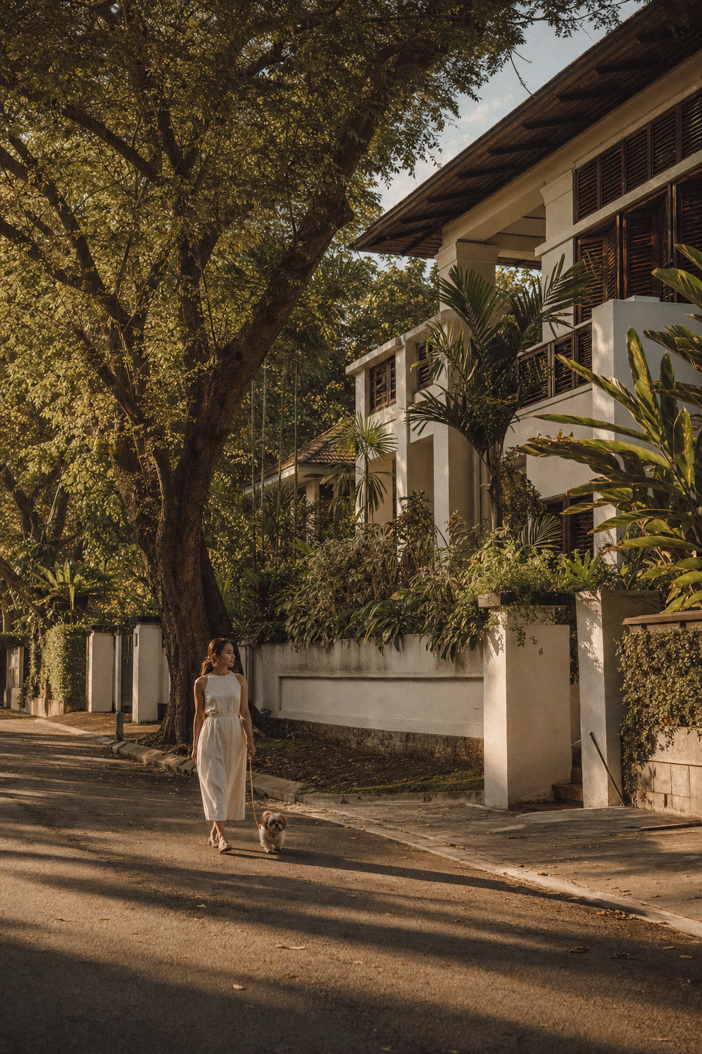 A tree-lined street in Bangsar with a modernist Malaysian villa at golden hour.