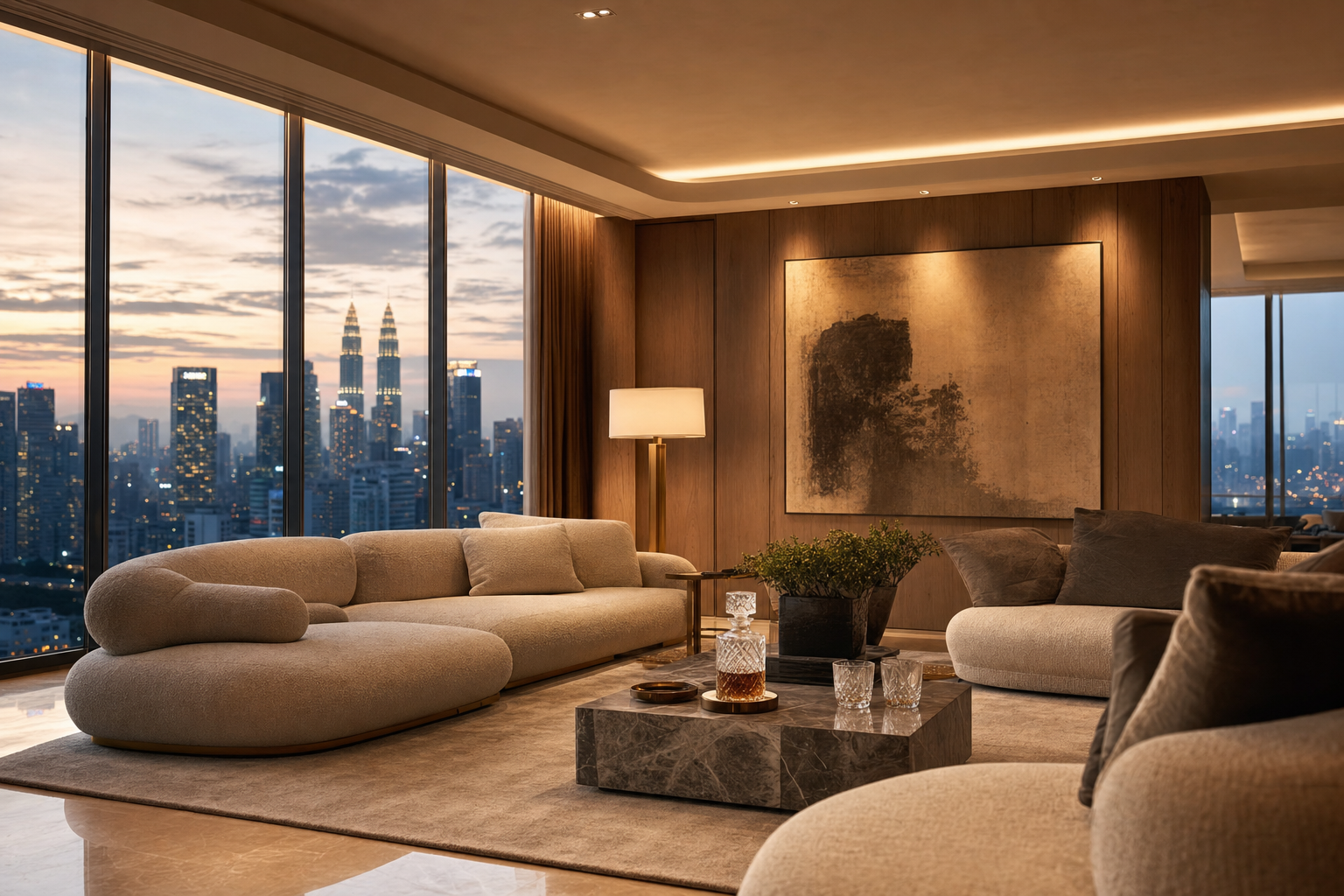 A luxury penthouse living room overlooking the illuminated Kuala Lumpur skyline at dusk.